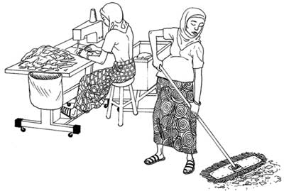 A heavily pregnant woman sweeping the floor