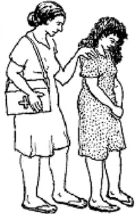 A health professional has one hand rested on the shoulder of a woman who has recently suffered a spontaneous or induced abortion. She is comforting her.