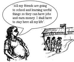 Pregnant girl watching other children setting off to school