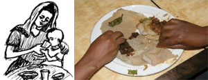 A woman gives her small child some water and a plate of food is eaten with the hands.