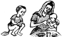 A child with diarrhoea and his mother giving him water.