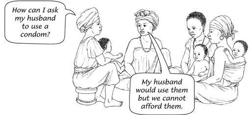 A group of women are seated around discussing the use of condoms.