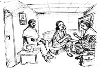 A health professional counselling a woman who has been raped; her father is present, with her consent.