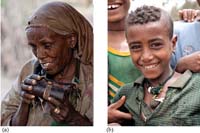 (a)  An older woman grips an amulet she wears around her neck (b)  A young boy wears an amulet around his neck.