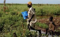 A pregnant woman and her child return home with their new bed nets.