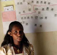 A community map hanging on a wall with a member of the community standing in front.